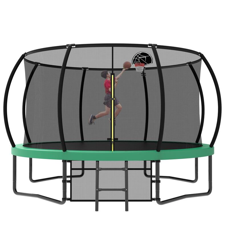 Kids Recreational Trampoline - Safety Enclosure Net, Ladder, Outdoor Use - Green - 144.09