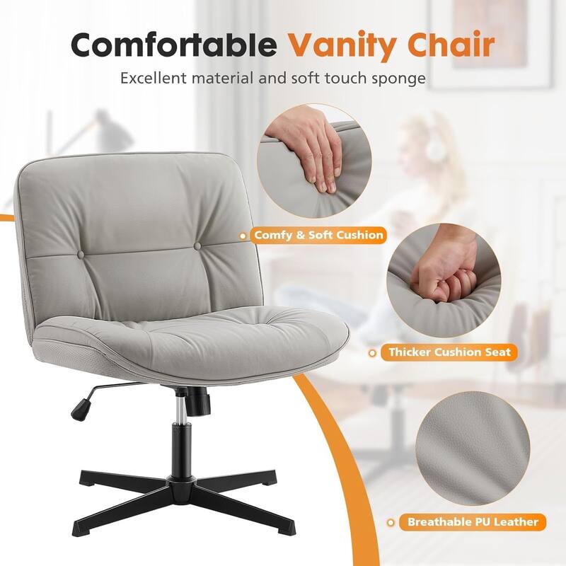 PU Leather Tilt Wide Seat Ergonomic Task Chair with Armless, Criss Cross Legged and No Wheels