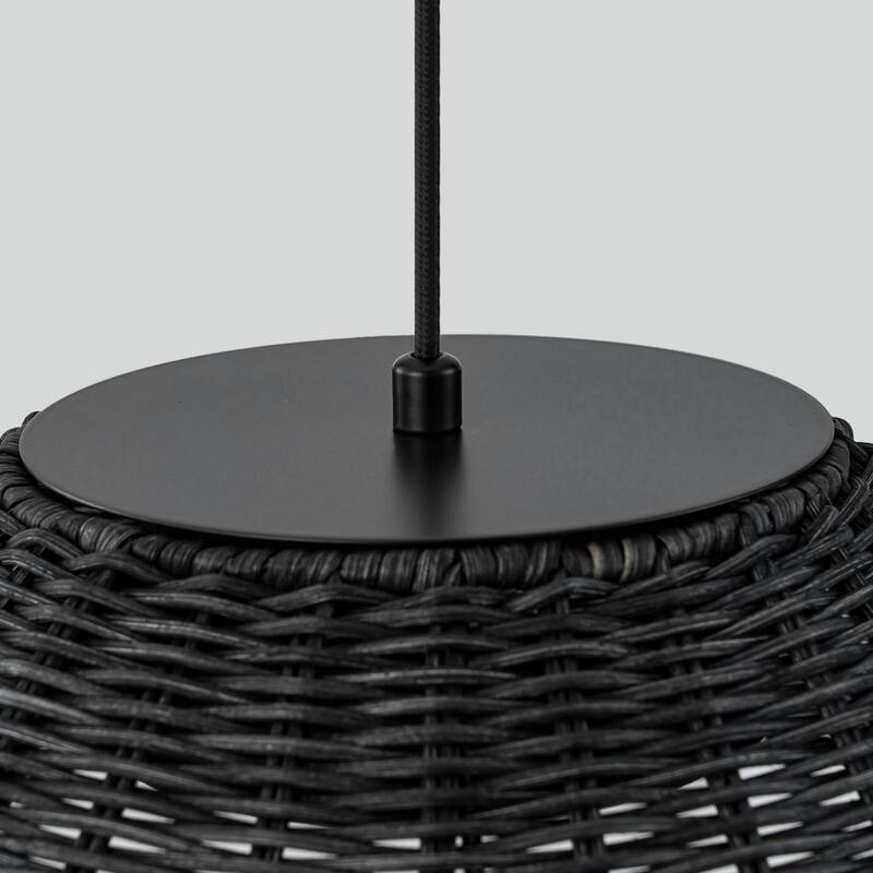 1-Light Black Rattan LED Chandelier Handwoven Straw Hat Pendant Light - 13.4"W x 5.2"H