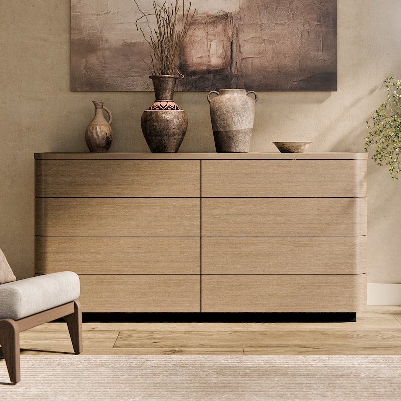 Oak 8-Drawer Dresser Buffet for Bedroom Wide Chest of Drawers with Anti-Tip Safety, Waterproof Top