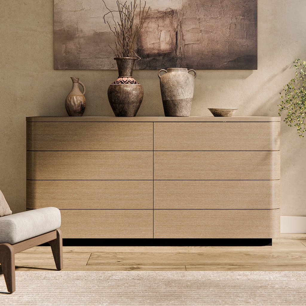 Oak 8-Drawer Dresser Buffet for Bedroom Wide Chest of Drawers with Anti-Tip Safety, Waterproof Top