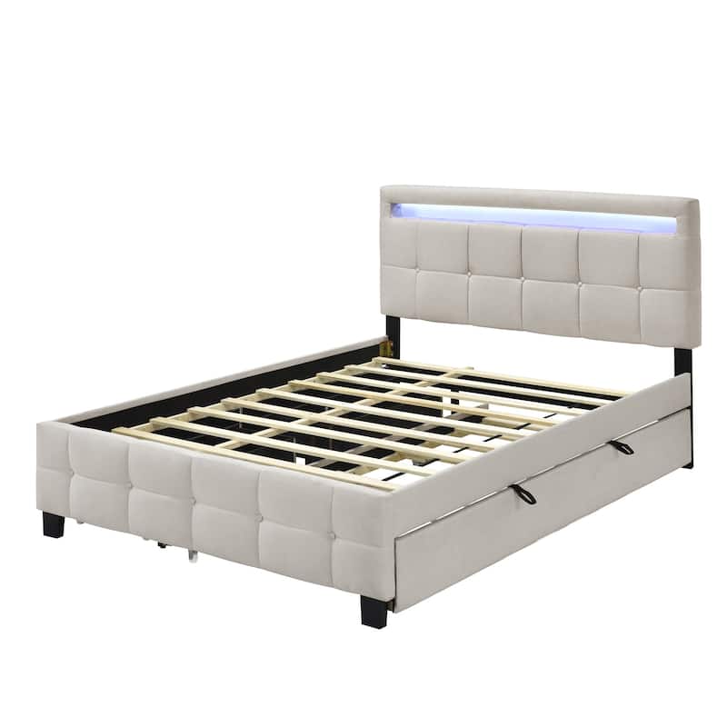 HomeRoots Beige Tufted Upholstered Lighted Queen Bed Frame With Trundle And USB And Drawers
