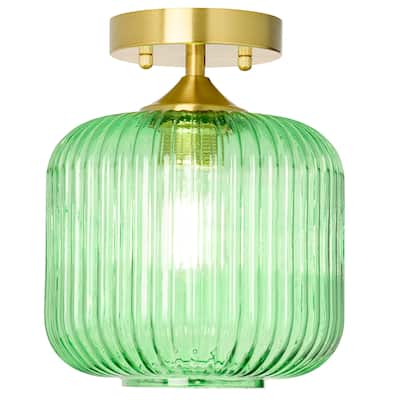 Ignace River of Goods Brushed Gold Metal 10-Inch Ceiling Light with Green Glass Globe Shade - 8" x 8" x 10"