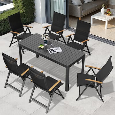 7pc Outdoor Dining Table Aluminum Extendable Table with Folding Chair