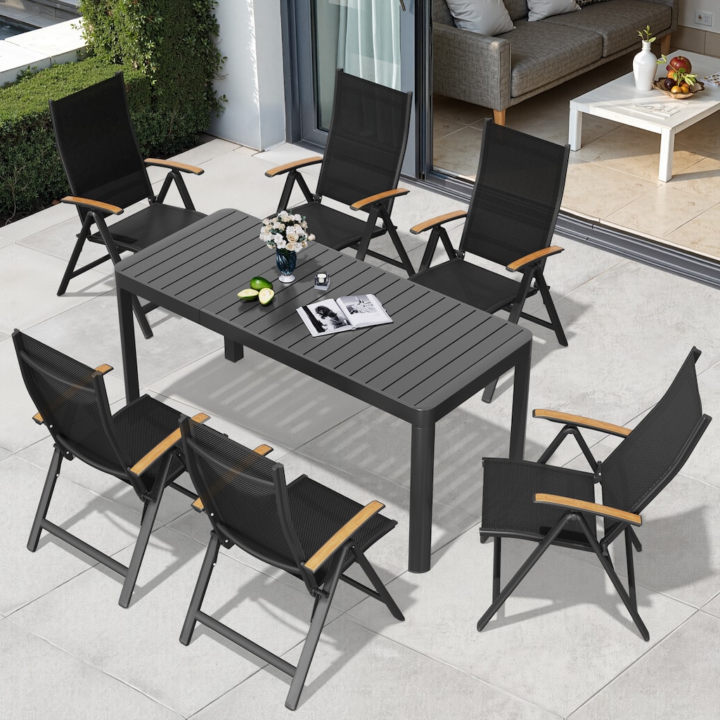 7pc Outdoor Dining Table Aluminum Extendable Table with Folding Chair