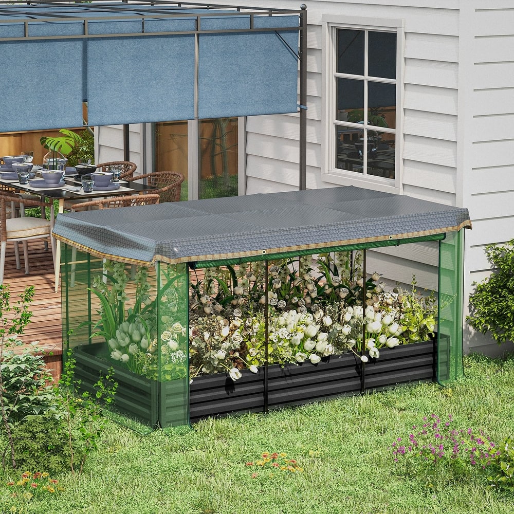 Outsunny Galvanized Raised Garden Bed with Crop Cage Plant Protection Net and Shade Cloth, Metal Planter Box