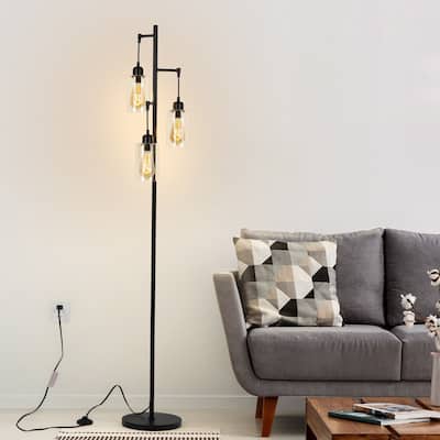 Tree Floor Lamp with 3 Hanging Bubble Glass Shade - Black
