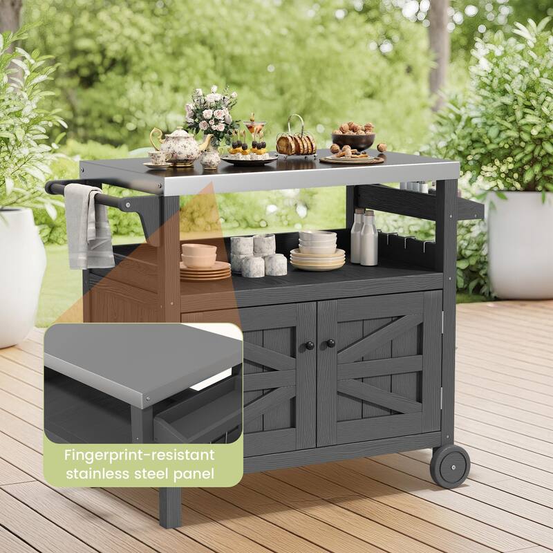Outdoor Kitchen Cart with Stainless Steel Top, HDPE Patio Serving Cart with Storage