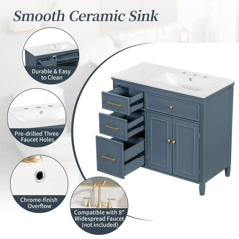 36 Inch Bathroom Vanity with Ceramic Sink, Freestanding Cabinet with Tip-Out Drawer, Side Drawers and Adjustable Shelf
