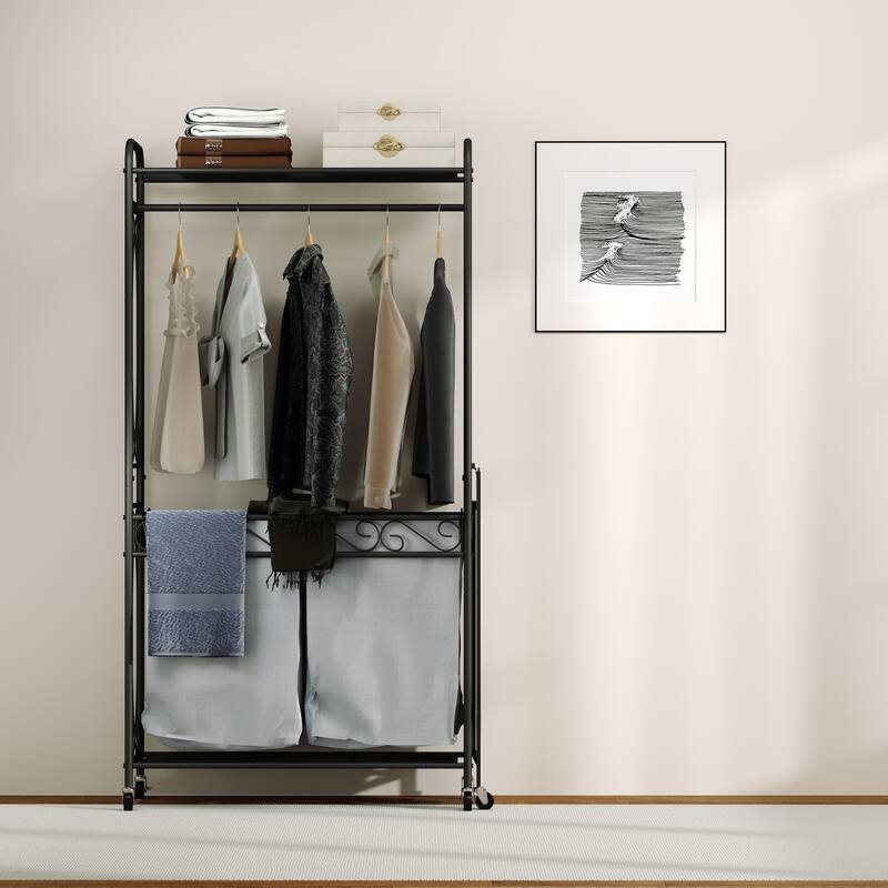 Multi-Functional Laundry Hamper Organizer with Hanging Rail and Storage Shelf - Rolling Laundry Cart with Wheels