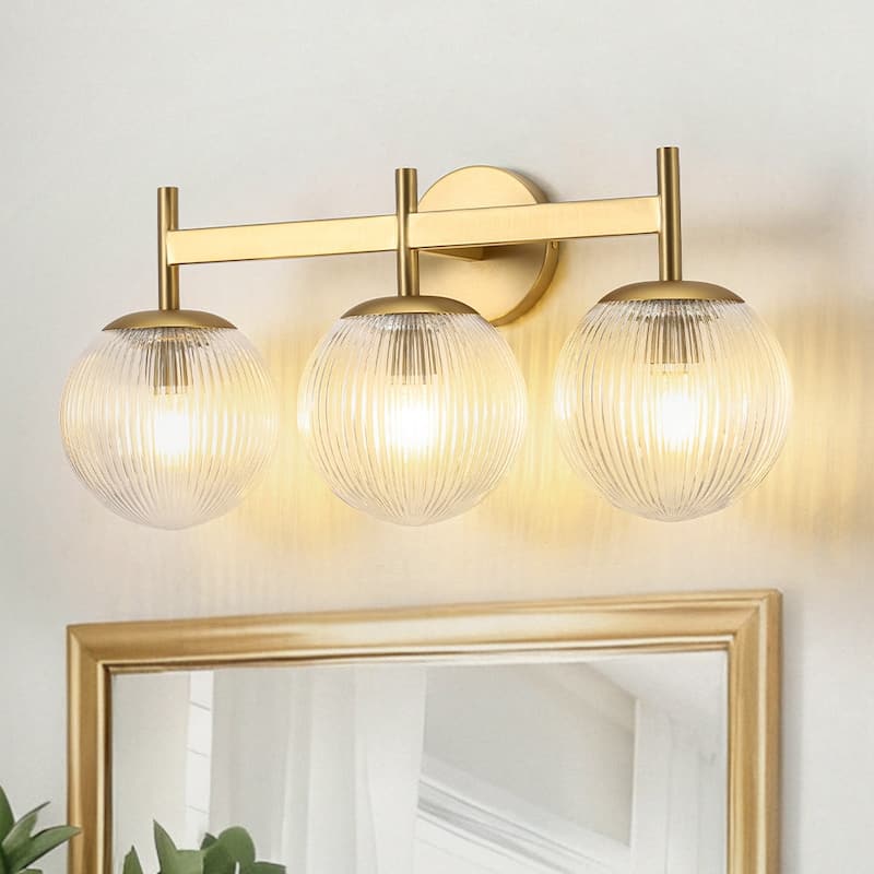 Sleek Modern Dimmable Ribbed Glass Vanity Light - Brushed Brass