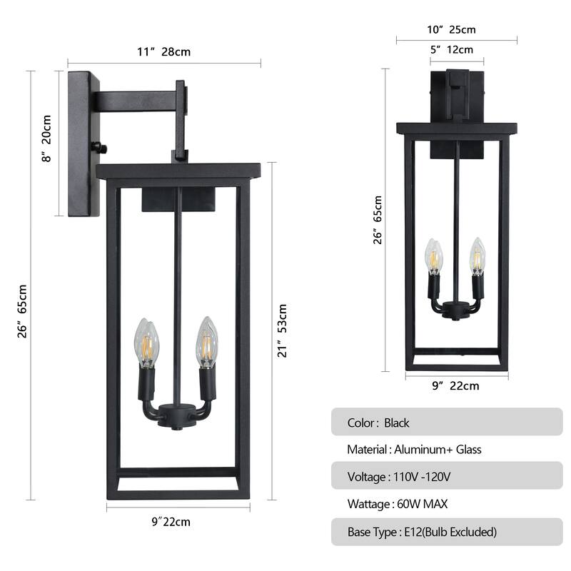 26"(H) 1ps Modern Outdoor Wall Lanterns with Black Metal Frame and Clear Glass, 4 E12 Bulb Socket, Weatherproof(No Bulbs)