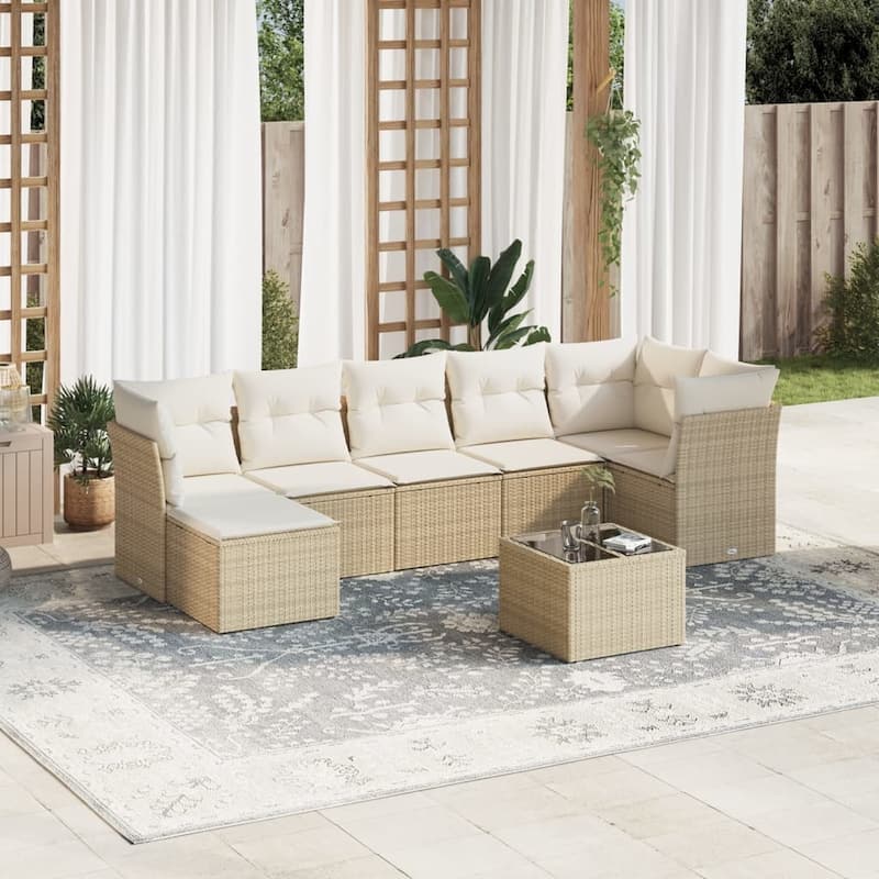 vidaXL Patio Sofa Set Beige, Cream white PE rattan 8-piece - 8.5 x 8.5 x 5.7