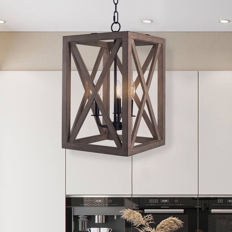 Adjustable 3-Light Wood Candle Rectangle Chandelier