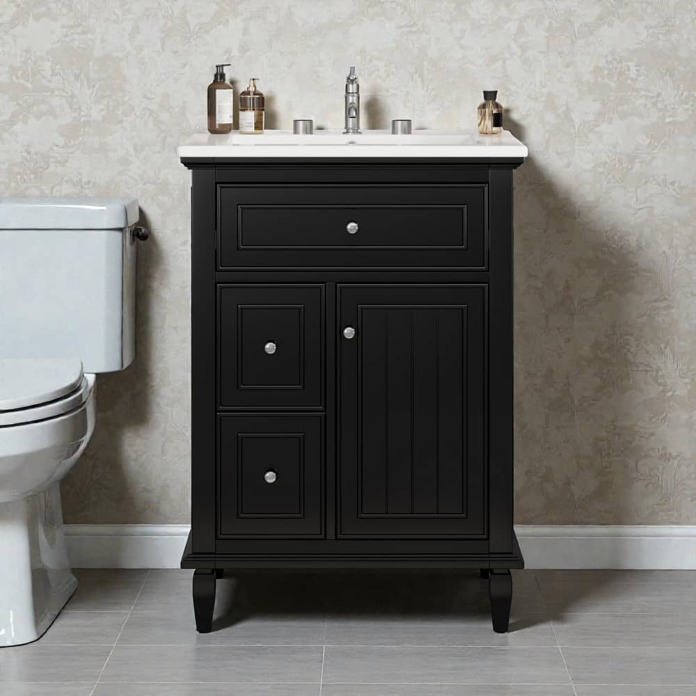 24" Bathroom Vanity with Sink, Flip Drawer & 2 Drawers, Solid Wood Frame, Adjustable Shelf, Ceramic Top