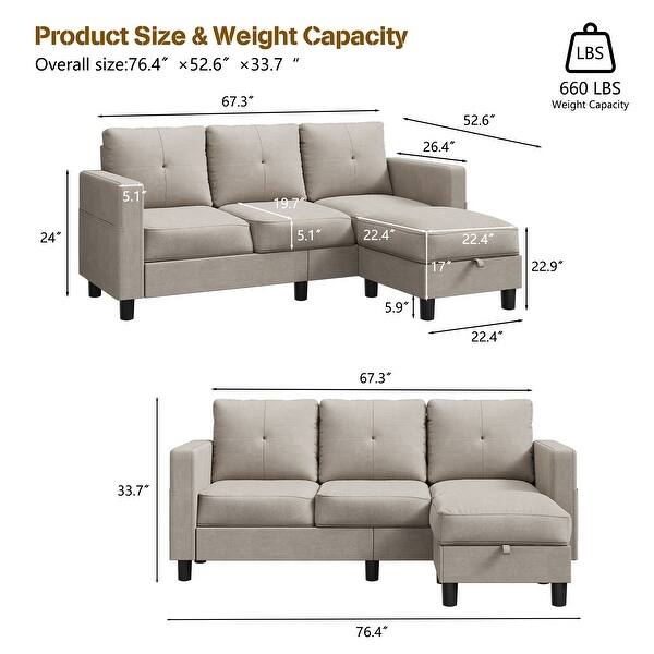 Futzca Modern L-shaped Convertible Sectional Sofa w/ Reversible Chaise