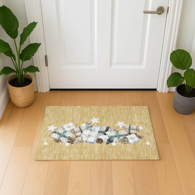 Premium Washable Super Soft Christmas Presents Mayfield Rug - Gold - 1'8" x 2'6"