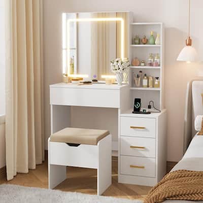 Vanity Desk with Sliding Mirror, LED Lights, Storage Drawers, Charging Station, Stool
