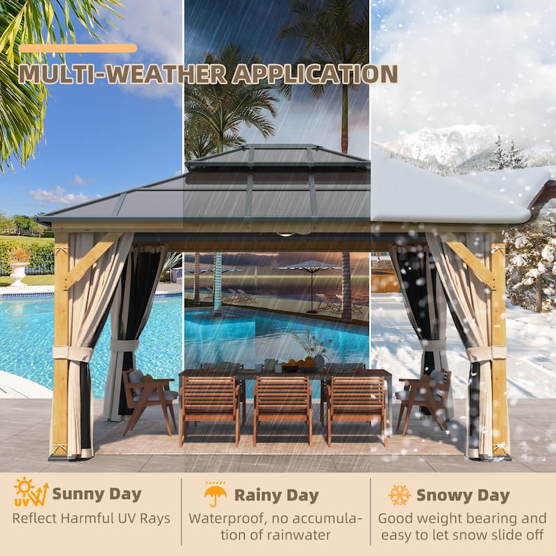 EROMMY Outdoor Wood Gazebo with Double Polycarbonate Roof, Heavy Duty Backyard Patio Pergola Canopy for Garden Shade