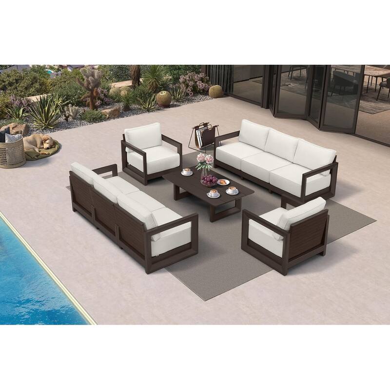 PURPLE LEAF Caesar Enclosed White Outdoor Couch with 9.6" Thick for Yard Porch Deck Patio Conversation Sets - 8 Seats+1 Table - Enclosed