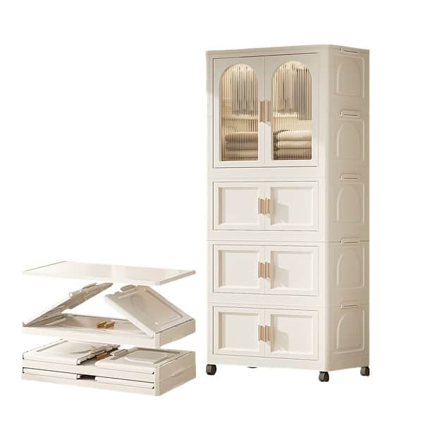 slide 2 of 14, 25.59" Side Wide Folding Wardrobe, 25.59"×15.75"×70.87", with Magnetic Door, Plastic Storage Cabinet with Wheels Cream White
