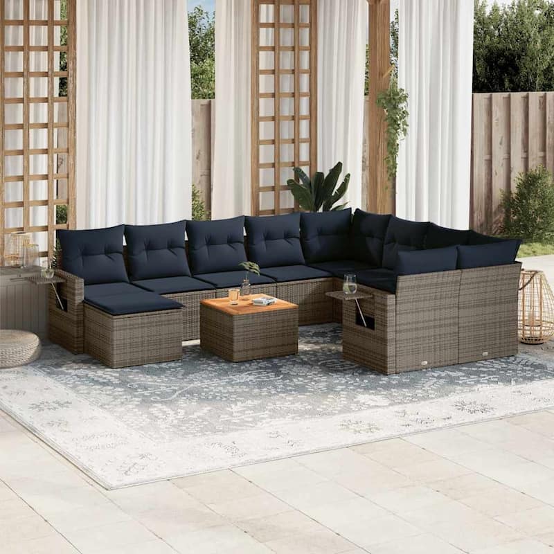vidaXL 11 Piece Patio Sofa Set with Cushions Black Poly Rattan - 24.4" x 24.4" x 27.2" - Grey and blue