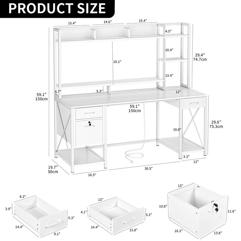 Moasis 59 Inch Computer Gaming Desk with Hutch and Bookshelf Home Office Desks with 3 Drawers