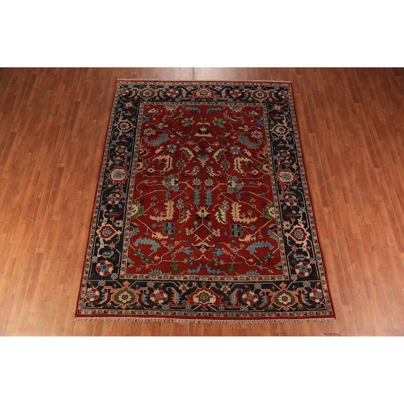 All-Over Floral Heriz Serapi Indian Area Rug Hand-Knotted Wool Carpet - 7'6"x 9'9"