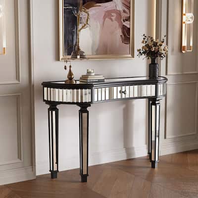 47-Inch Half-Moon Mirrored Console Table with Fluted Glass