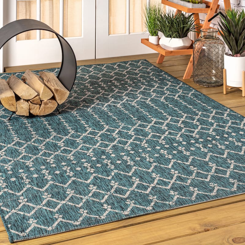 JONATHAN Y Trebol Moroccan Geometric Textured Weave Indoor/Outdoor Area Rug - 8 X 10 - Teal/Gray
