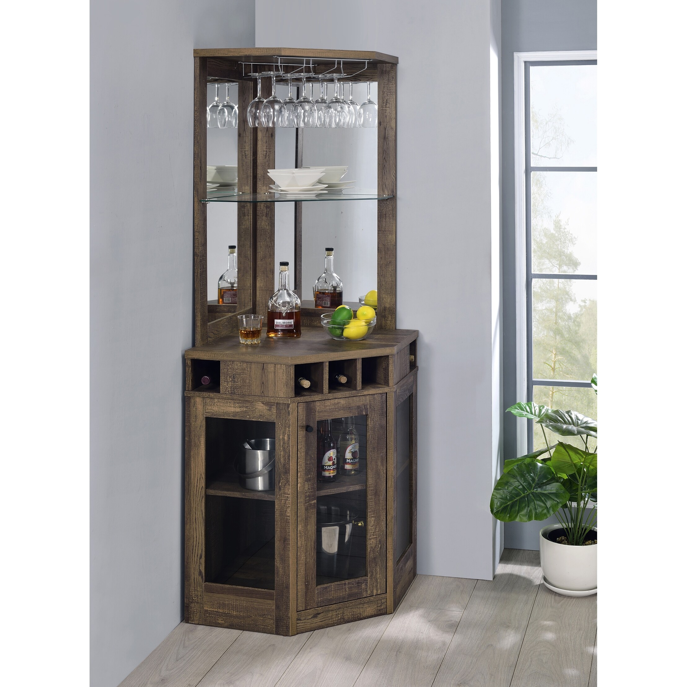 Shop Rustic Oak Corner Bar Cabinet With Stemware Rack Overstock 32246392