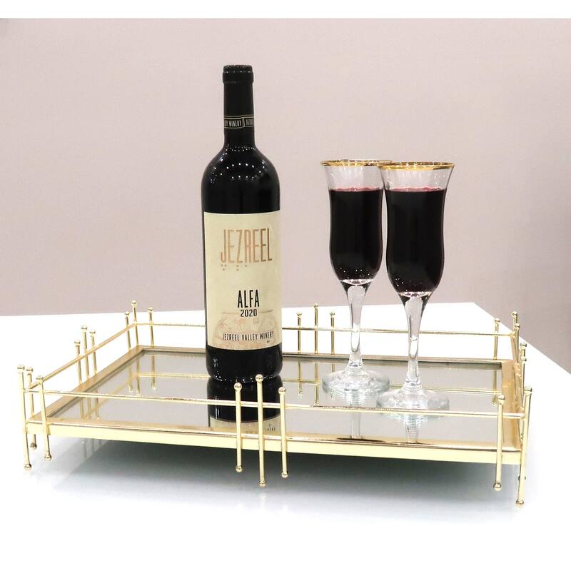 14"L Oblong Mirror Tray with Gold Symmetrical Design - 14"