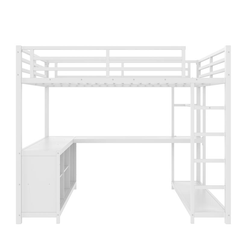 Metal Loft Bed with Wardrobe and L-shaped Desk, Queen Size Loft Bed with Storage Cubes and Shelves
