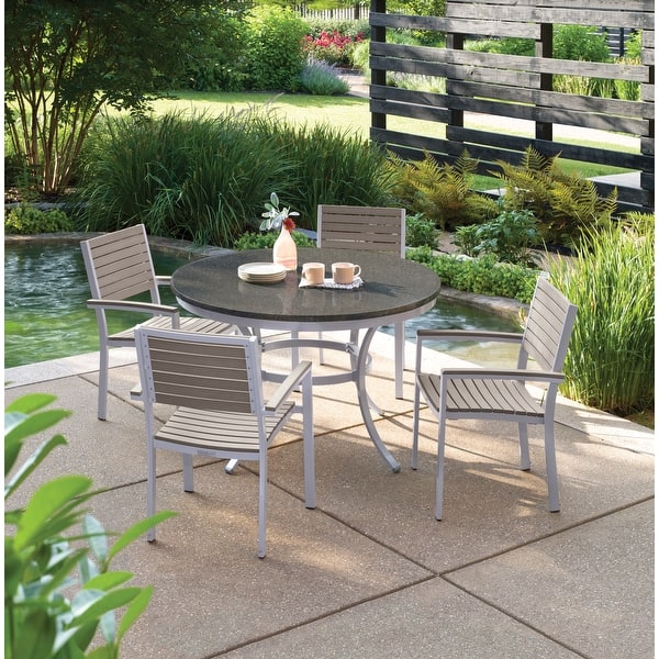 slide 2 of 3, Oxford Garden Travira 48-inch Round Lite-Core Granite Charcoal Dining Table with Powder Coated Aluminum Frame