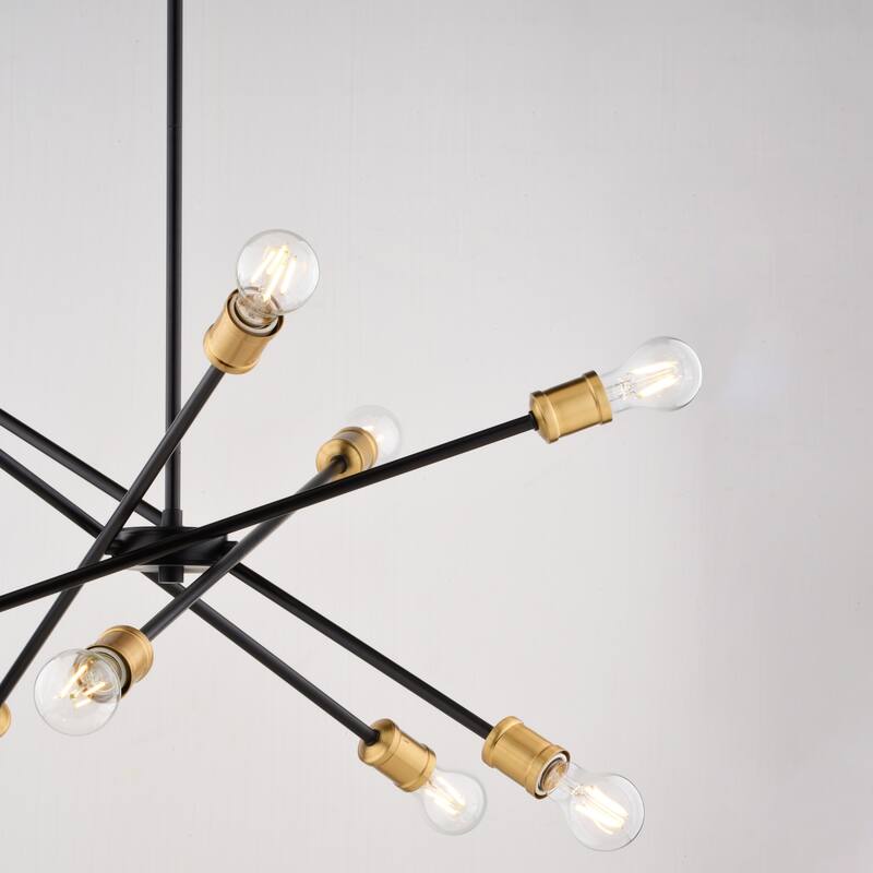Gresham 10 Light Gold Brass and Black Mid-Century Modern Chandelier Adjustable Arms - 34.25-in W x 14.75-in H x 34.25-in D