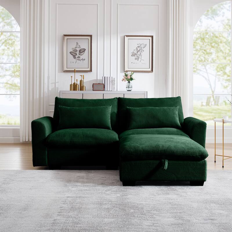 2-Seat Corduroy Modular Loveseat Sofa with Waist Pillow - Green - 2-Seat+1 Ottoman
