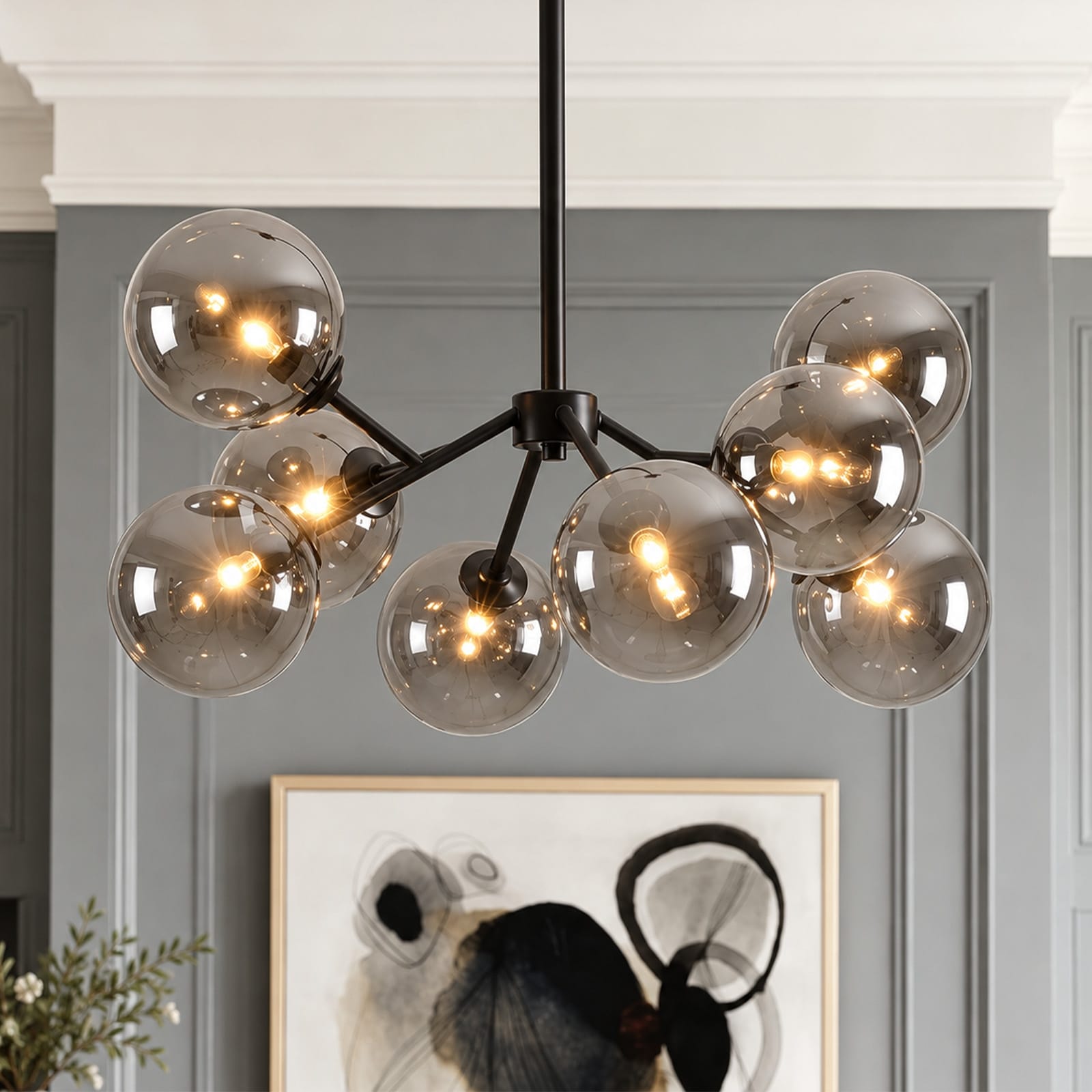 Rennnsan 8-Light Sputnik Mid-Century Smoke Glass Globe Chandelier for Dining Room Living Room - 26.4" W x 12.6" H