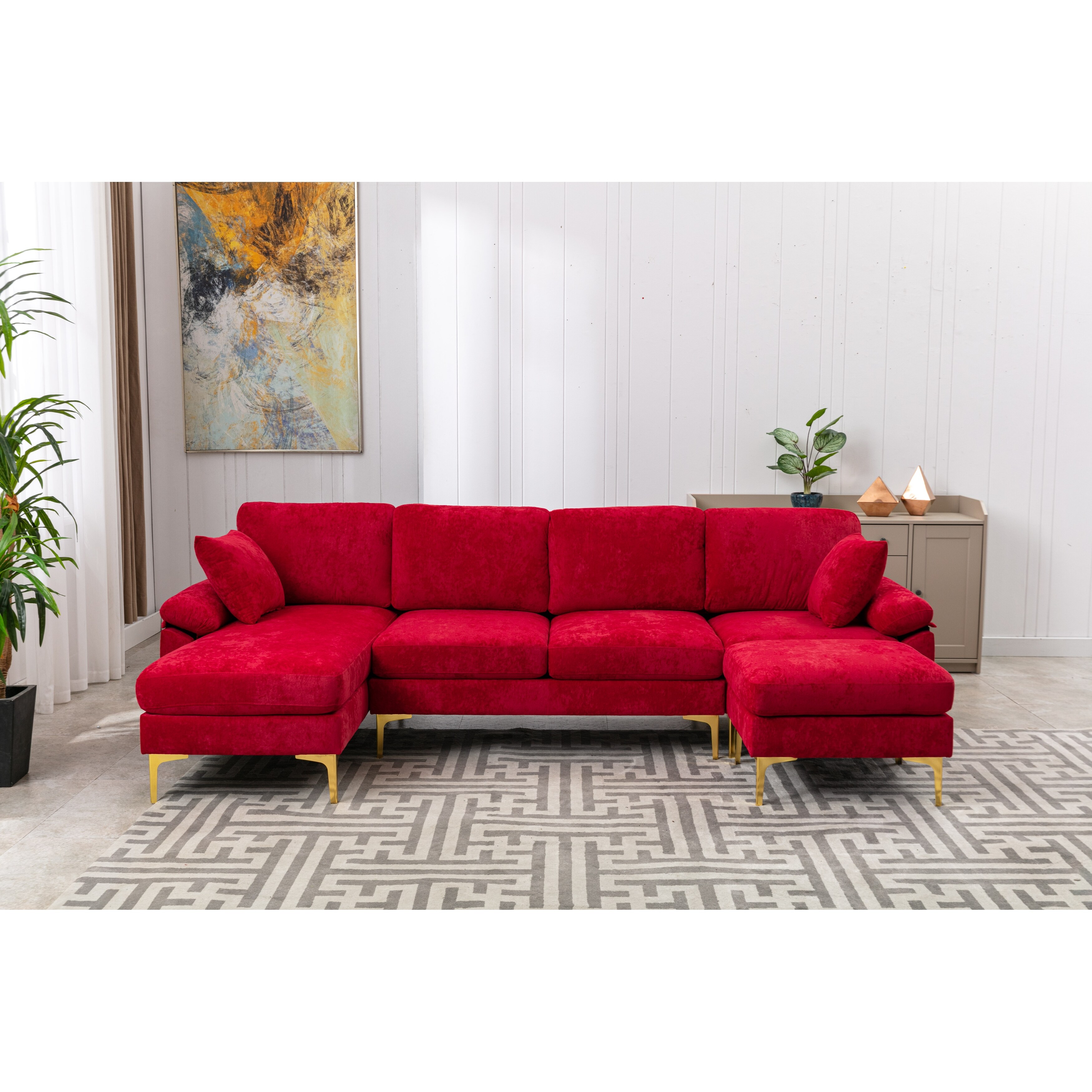 Red sectional couch with ottoman deals