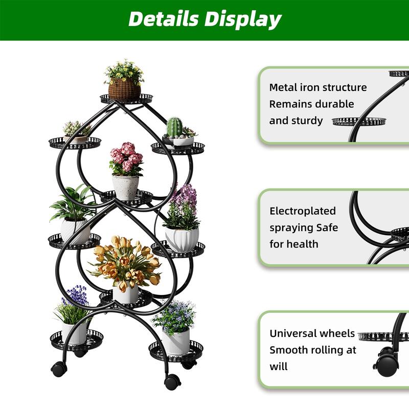 Large Double-heart Black Metal Plant Stand 9-Potted Flower Holder with Mobile Wheels Display Rack - 28.74x11.81x48.82 in