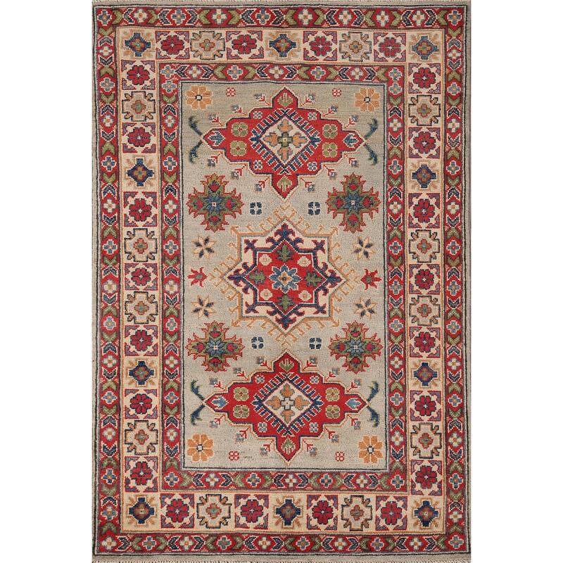 Geometric Kazak Accent Rug Hand-Knotted Foyer Wool Carpet - 3'3" x 5'2"