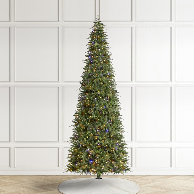 Glitzhome 11ft Pre-Lit Green Slim Fir Artificial Christmas Tree with 850 LEDs & 9 Light-Modes