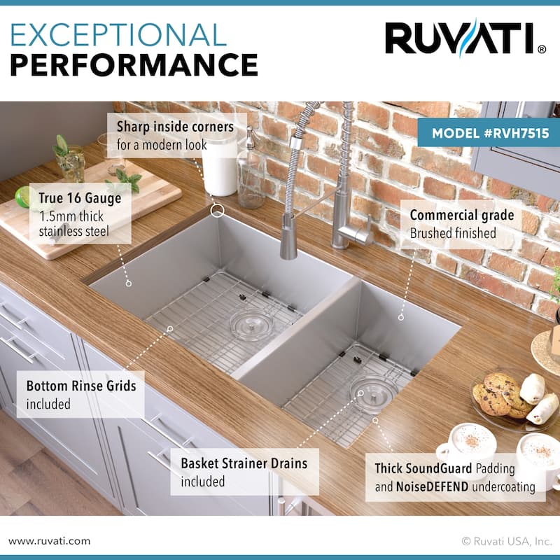 Ruvati 32-inch Undermount 60/40 Double Bowl Zero Radius 16 Gauge Stainless Steel Kitchen Sink - RVH7515 - 18″ x 18″ x 11″ x 18″