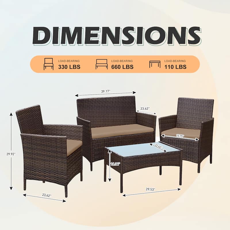 4 Piece Outdoor Patio Furniture Set With Cushions, Patio Wicker Conversation Set & Glass Coffee Table