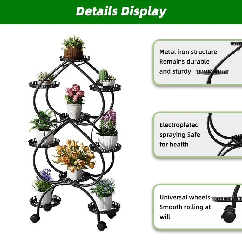 Iron Metal Plant Stand 9-Potted Flower Holder with Wheels Display Rack - 28.7x11.8x48.8 inch