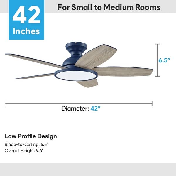 dimension image slide 5 of 9, 5 - Blade Low Profile Flush Mount Modern Ceiling Fan with LED Light and Remote