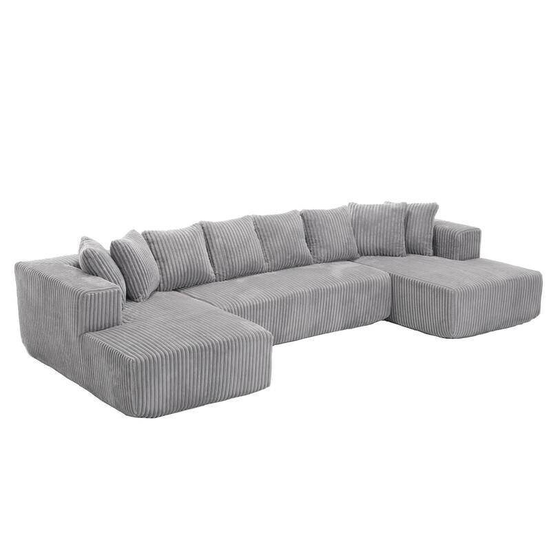 133.45'' Modular U-shaped Sectional Couch, 4 Seater, Striped Corduroy, Gray