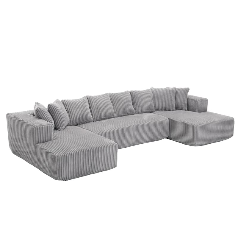 Large U-Shaped Sectional Couch with Chaise Lounge, Striped Corduroy Upholstery, Gray