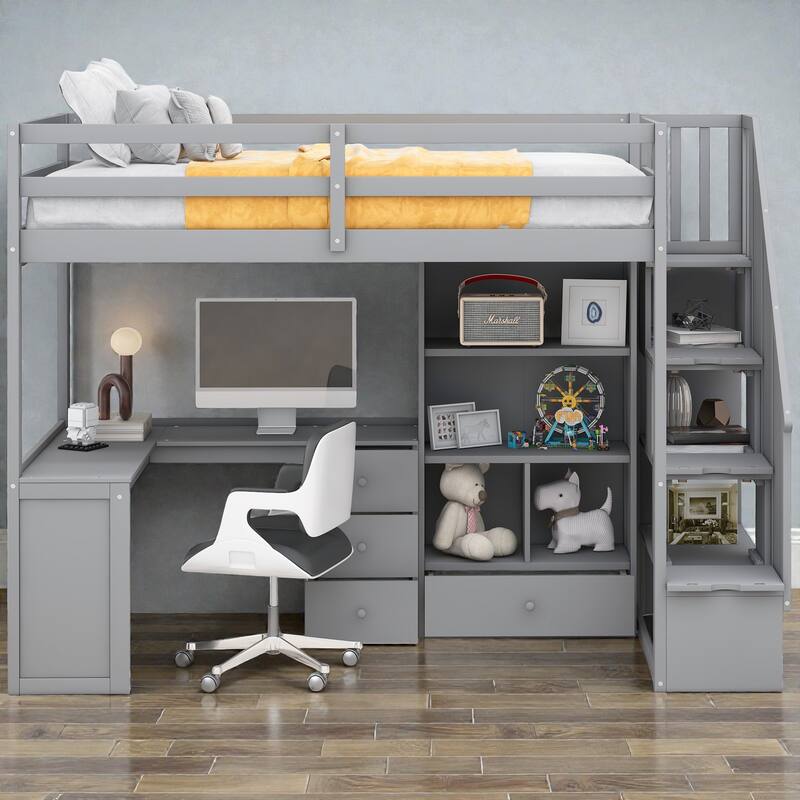 Twin Loft Bed with L Shaped Desk, Storage Stairs, Drawers and Cabinet, Space Saving Wood Loft Bed