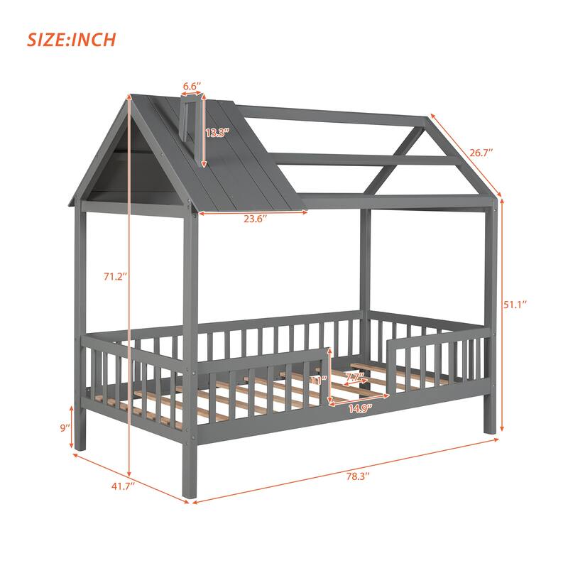 Platform Bed for Kids Teens, House Shaped Bed with Fence and Roof, Solid Wood Low Bedframe w/Slats Support, No Box Spring Needed