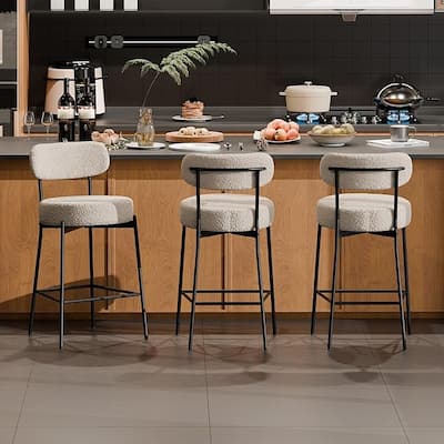 XINMICS 24 Inches Modern Counter Height Bar Stools with Curved Back Metal Legs, Upholstered Boucle Barstools, Set of 2/3/4